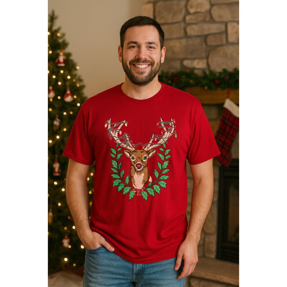 Men XL Red Festive Reindeer Graphics Christmas T-Shirt String Light Holiday TeeD